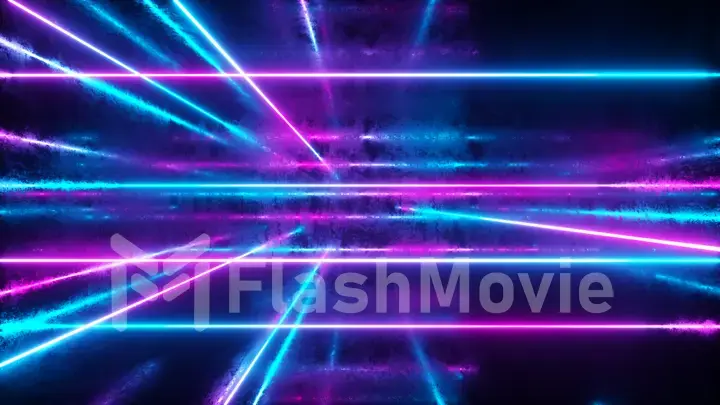 Abstract background, moving neon rays, luminous lines inside the metallic scratched room, fluorescent ultraviolet light, blue red pink violet spectrum, 3d illustration