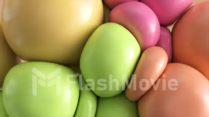 Abstract background with dynamic spheres. 3D rendering of soft pink, beige and green balls flying. 3d illustration