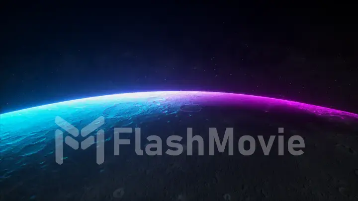 Fantastic neon sunrise on the moon from space. The rotation of the moon. Modern ultraviolet lighting. Blue purple light spectrum. Stars and space. 3d illustration