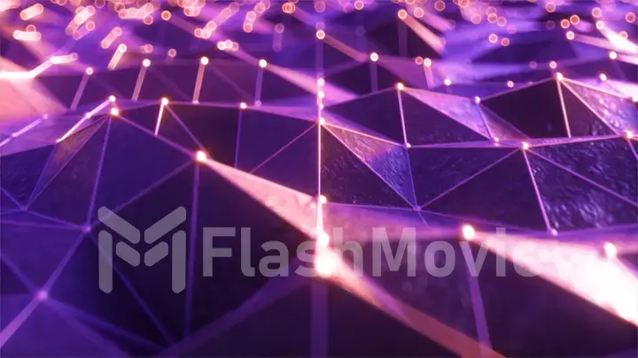 Flying over the landscape of a relief area in a retro futuristic style with a neon grid and luminous spheres. Modern ultraviolet light. 3d illustration