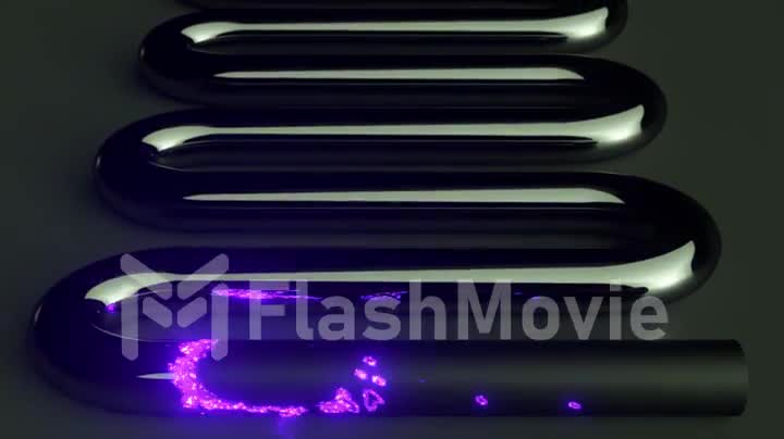 Purple neon particles move through a black glossy tube. Chemical reaction. Change from glossy to matte. 3d animation
