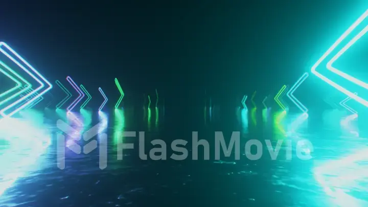 Fast flight in space with the direction of movement of the neon arrows. Abstract laser background. 3d illustration