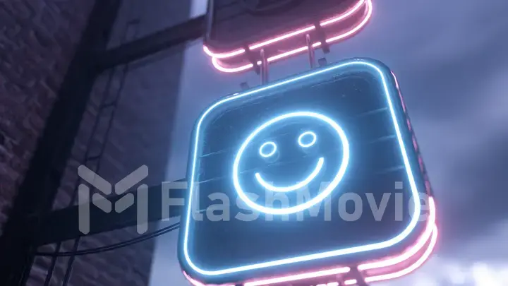 Glowing turn on neon signs with funny and sad emoticons against the backdrop of a cloudy sky. 3d illustration