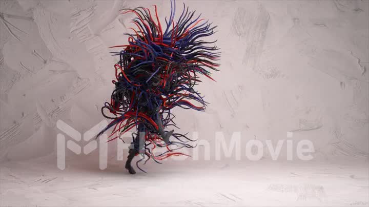 Abstract concept. A hairy figure in the shape of a man dances against a white wall. Red blue hair. 3d animation