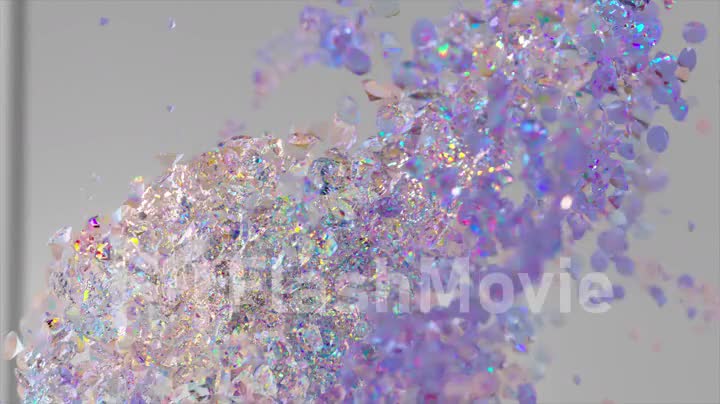 Drops of water move in a spontaneous tornado. Water vortex. Slow motion. Flow. Blue purple. Substance. 3d animation