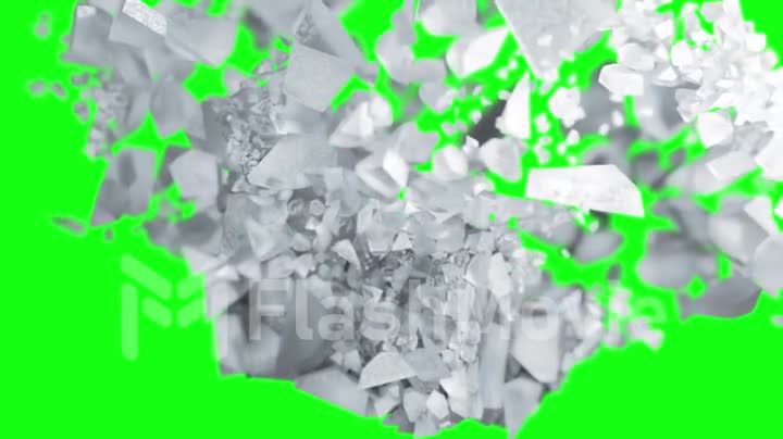 Ice cube explosion in slow motion cg 3d animation, green screen background