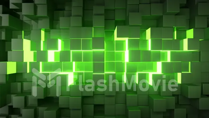 Abstract technology background for business presentations. Randomly moving cubes. Bright neon glow in the middle. 3d illustration
