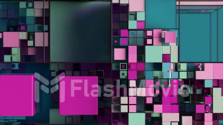 Abstract background with motion cubes. An array of different sized squares in a grid. 3d animation of a seamless loop