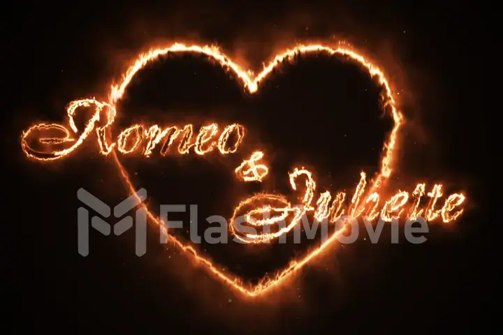 A burning heart with the text Romeo and Juliette 3d illustration