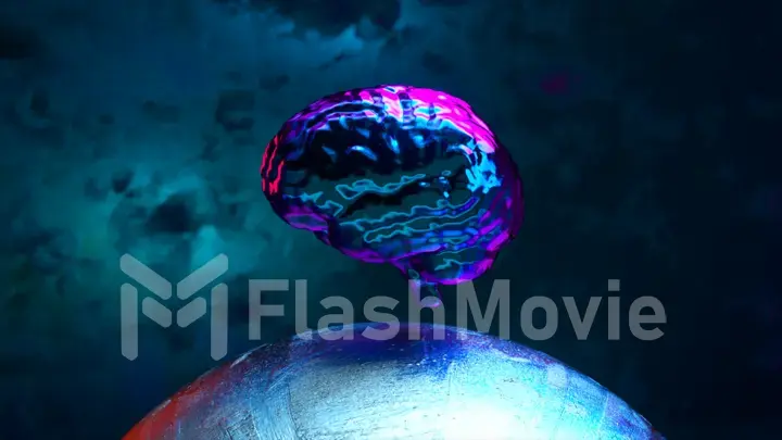 A blue metallic brain flies over a blue sphere. Rainbow metallic color. Abstract concept. 3d illustration