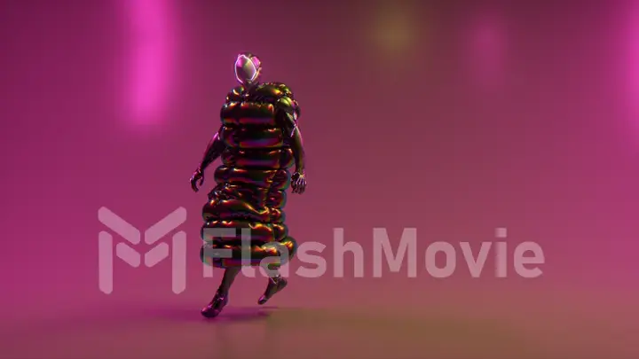 Cyberpunk guy dancing on a disco background. Pink neon color. Flashing light. Jacket. Helmet. 3d illustration