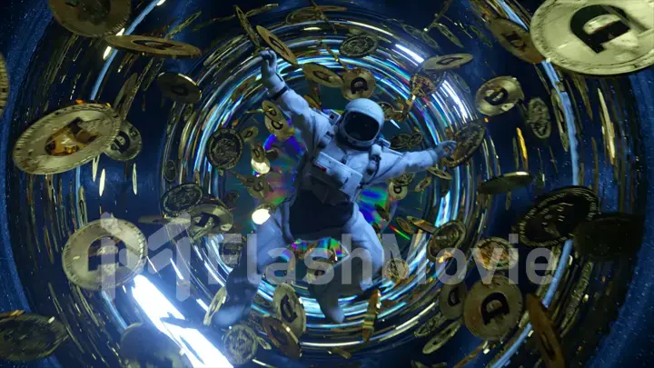 Falling astronaut in outer space surrounded by flying dogecoins. Cryptocurrency concept in space. Black hole. Interstellar. 3d illustration