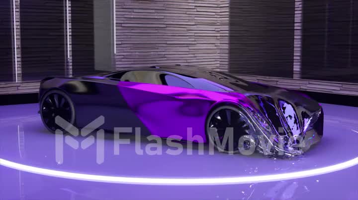 The purple sports car turns into a transparent film and inflates. Transformation. Glossy surface. 3d animation
