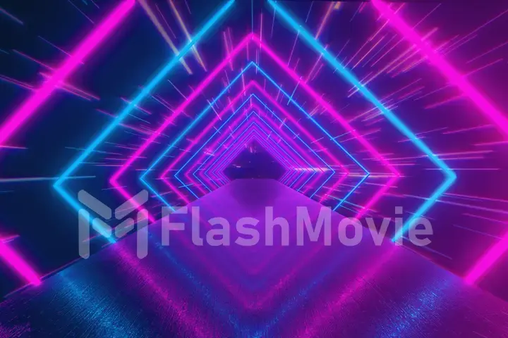 Abstract motion geometric background, glowing neon squares creating a rotating tunnel, blue pink purple spectrum, fluorescent ultraviolet light, modern colorful lighting, 3d illustration