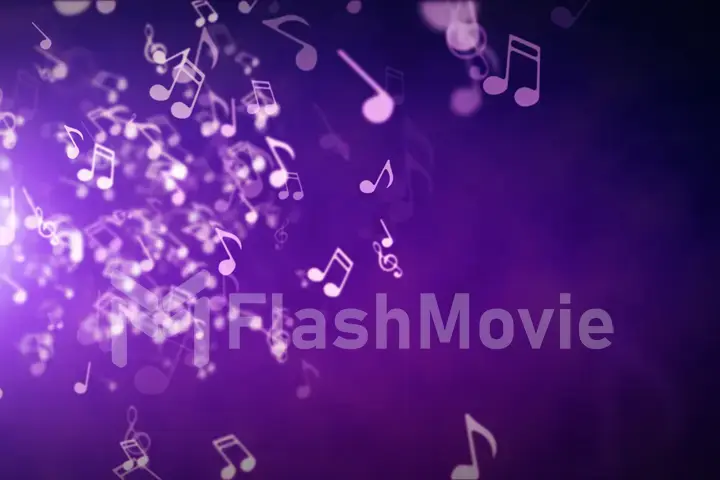 Floating musical notes on an abstract purple background with flares 3d illustration