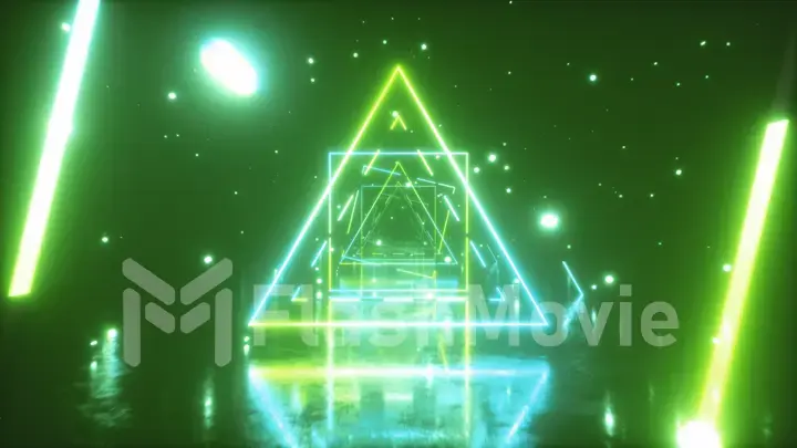 Flying through glowing neon triangles with metal floor creating a tunnel with fog, blue green spectrum, fluorescent ultraviolet light, modern vj colorful lighting, 3d illustration