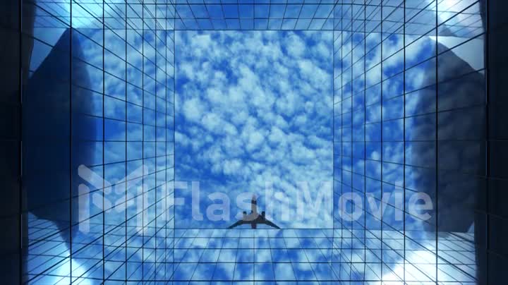 Passenger plane flying in the sky with clouds over a modern glass building. Bottom view. Travel concept. 3d animation.