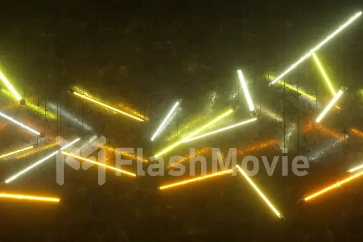 Orange and yellow neon fluorescent lights suspended from ropes. Modern lighting. 3d illustration