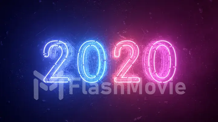 2020 neon sign background new year concept. Happy New Year. Metal background, Modern ultraviolet blue purple neon light. Flicker light. 3d illustration