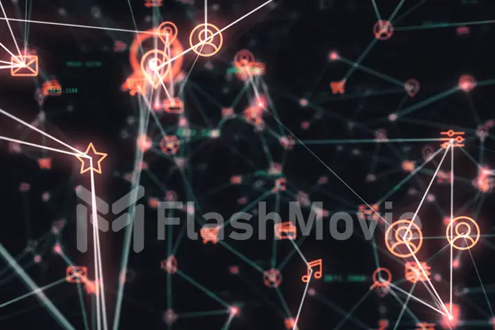 Background of randomly moving network and internet related things. Online shopping, social networks, connections, global connections. 3d illustration