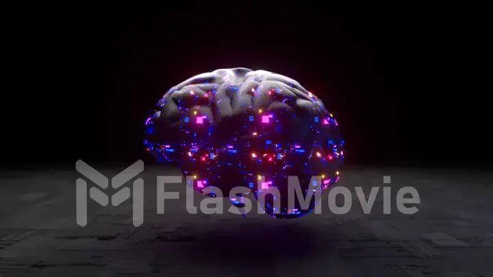 Futuristic concept. A glass brain floats above the surface. Microcircuits. Blue pink neon light. 3d Illustration