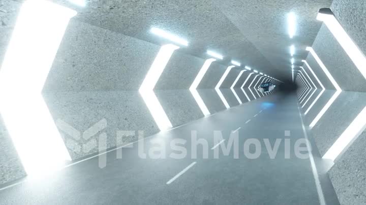 Futuristic long tunnel with flying cars