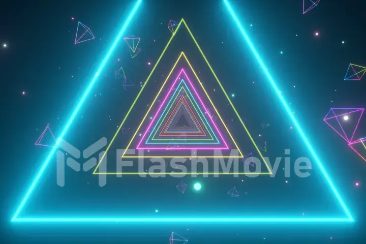 An endless tunnel of luminous multicolored neon triangles for music videos, night clubs, LED screens, projection show, video mapping, audiovisual performance, fashion events. 3d illustration