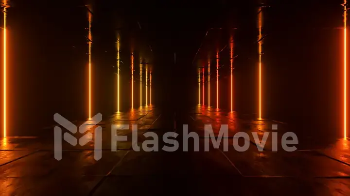 Futuristic sci fi bacgkround. Red orange neon lights glowing in a room with concrete floor with reflections of empty space. Alien, Spaceship, Future, Arch. Progress. 3d illustration