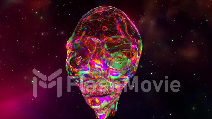 The diamond turns into the head of an alien. Space abstract background. Pink neon color. 3d illustration