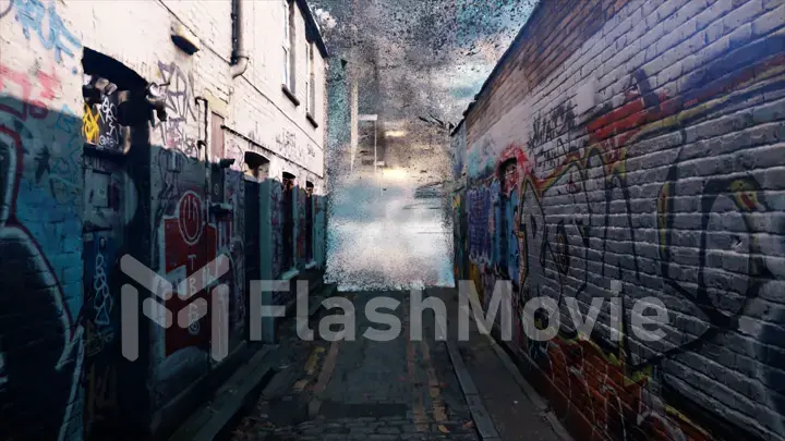 Street objects and buildings. Houses, road, walls with graffiti. A cloud of glowing dust at the end of the street.