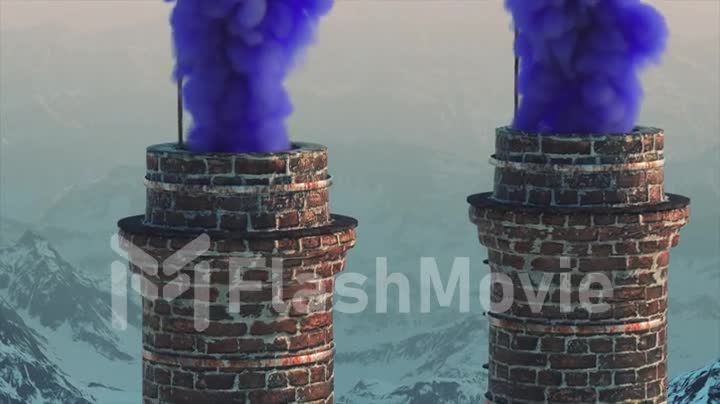 Brick chimney on the against the backdrop of a snowy mountain landscape. Colored smoke. Winter. 3d animation