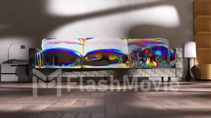The gray fabric on the sofa turns into a liquid transparent shell. Rainbow colors. Furniture. Shadow on the white wall