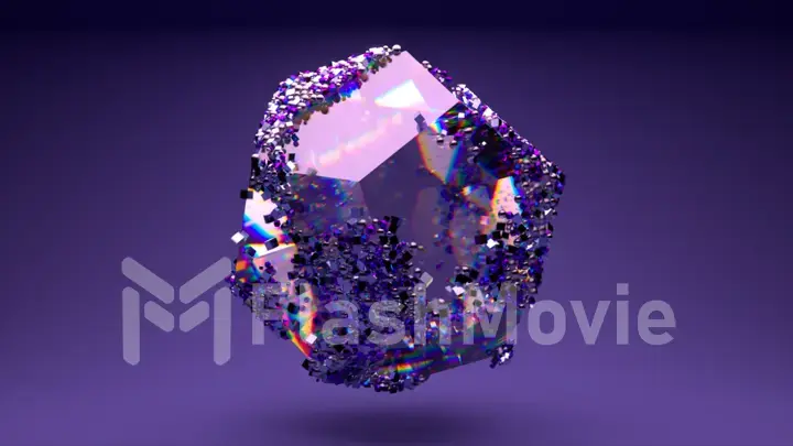 The crystal figure rotates. Small particles slide over the surface. Refraction light in the facets of a precious stone.