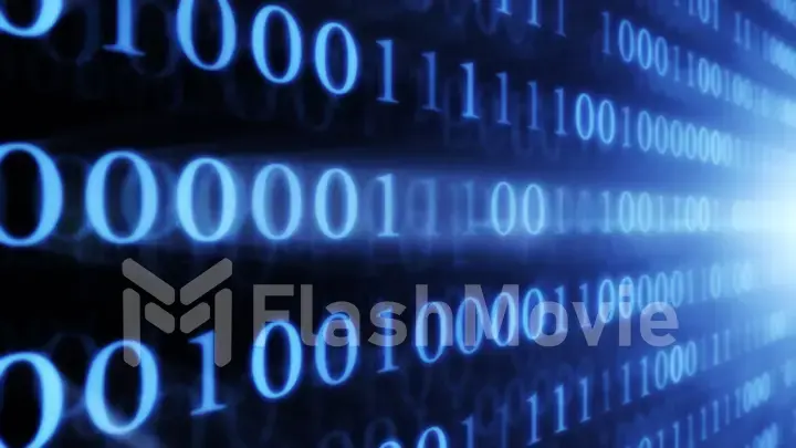 Digital technologies. Binary code wall random numbers glowing on a black background. 3d illustration