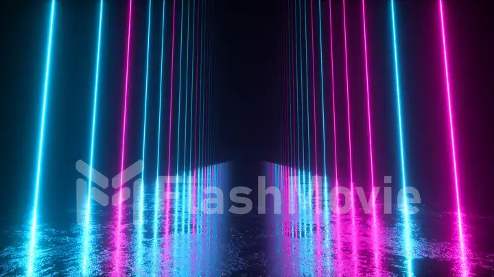Endless corridor with neon lines tending down. Metal reflective scratched floor. 3d illustration. Modern colorful neon light spectrum