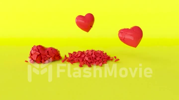 Several red hearts are shattered on the yellow surface. Broken heart concept. 3d animation