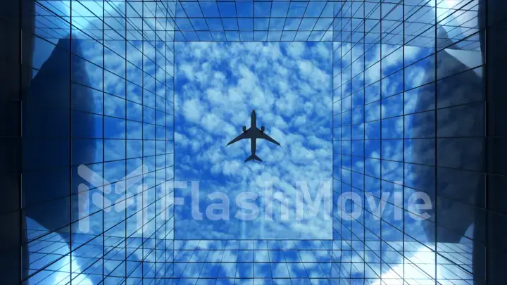 Passenger plane flying in the sky with clouds over a modern glass building. Bottom view. Travel concept. 3d illustration