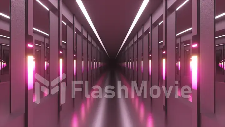 Sci-fi tunnel or spaceship corridor. The camera pans down a neon-lit corridor. Future concept. 3D illustration