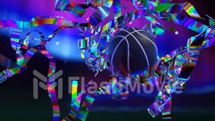 Abstract concept. A basketball flies through shiny diamond ribbons. Slow motion. Neon blue background. 3d illustration