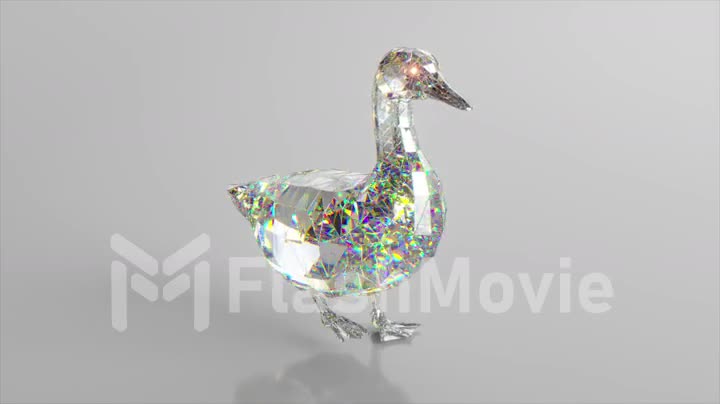 Walking diamond duck. The concept of nature and animals. Low poly. White color. 3d animation of seamless loop