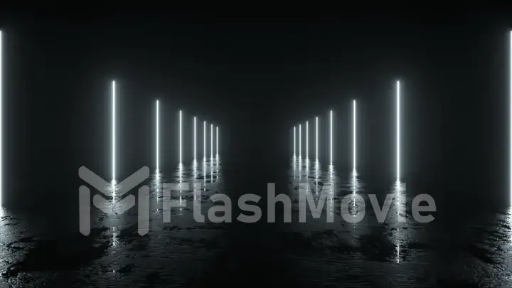 Futuristic sci fi bacgkround. White neon lights glowing in a room with concrete floor with reflections of empty space. Alien, Spaceship, Future, Arch. Progress. 3d illustration