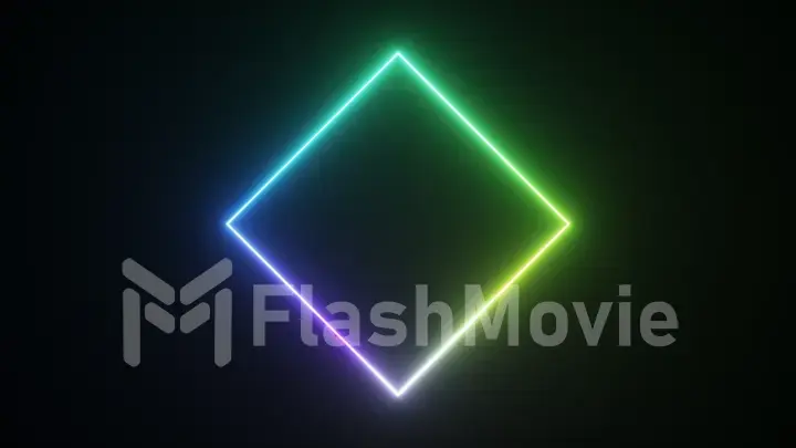 Abstract concept. Neon rhombus on a black isolated background. Blue green neon color. Advertising. 3d illustration