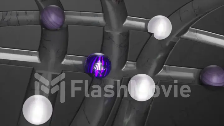 Colored balls roll around the dark marble labyrinth. White, blue, grey, black sphere. 3d Illustration