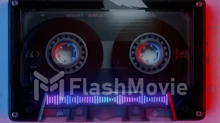 Rotating tape on an old vintage cassette. Retro music concept. Neon equalizer. Vintage neon lighting. 3d illustration