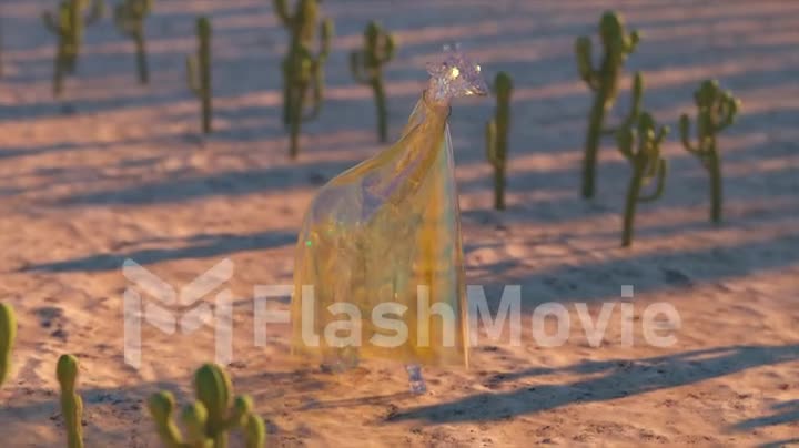 Beautiful diamond giraffe in a shiny yellow cape walks through the desert. Green cacti on the background. 3d animation