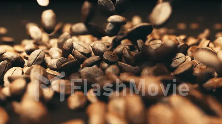 3d illustration of falling coffee beans in slow motion. Coffee grains are poured on the table and beat together