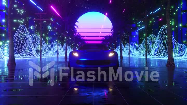 Car and city in neon style. 80s retro wave background 3d animation. Retro futuristic car drive through neon city. 3d render of seamless loop