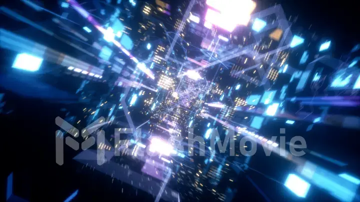 Flying in the chaotic technological futuristic space tunnel. Animation for music videos, nightclubs, audiovisual shows and performance, LED screens and projection cards. 3d illustration