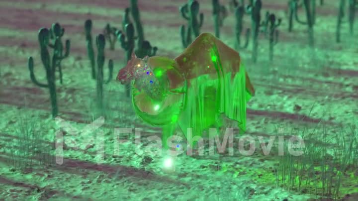 Beautiful diamond camel in a shiny green cape walks through the desert. Cacti on the background. 3d animation
