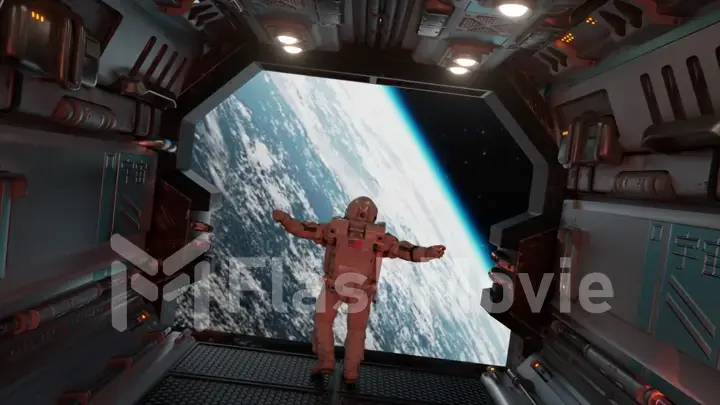 Astronaut escape on a spaceship. Opening of the gate with a view of the planet Earth. Fantastic space concept.